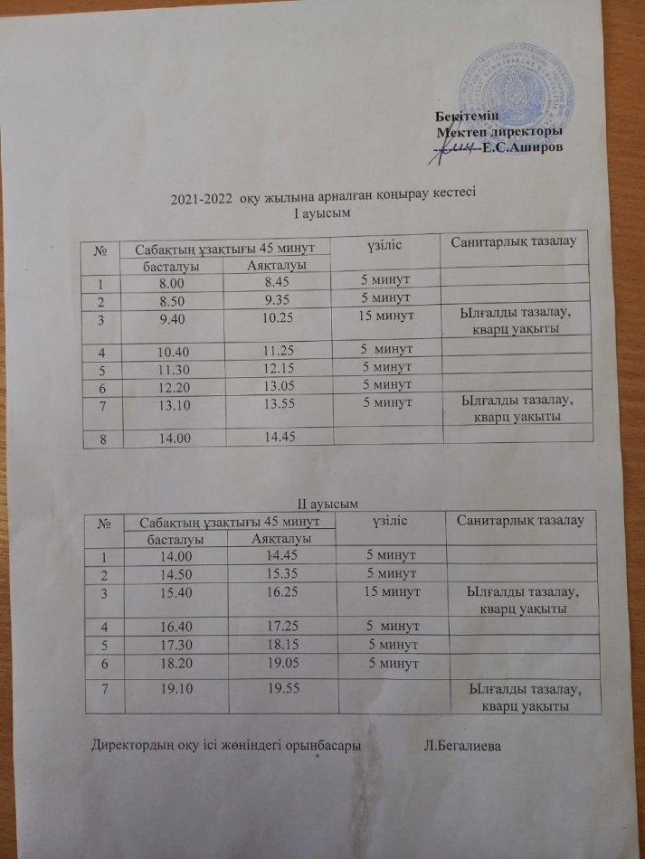 2021-2022 оқу жылындағы қоңырау кестесі