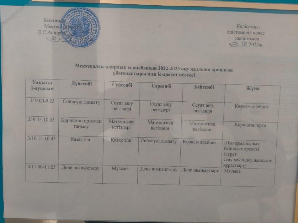 Даярлық сынып 2022-2023 оқу жылындағы сабақ кестесі