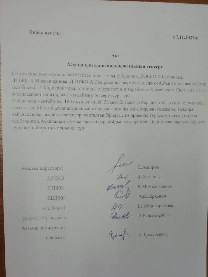 Асхананың санитарлық жағдайын тексеру