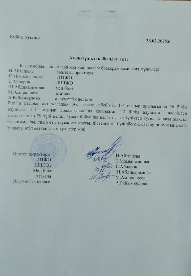 Азық - түлікті қабылдау акті