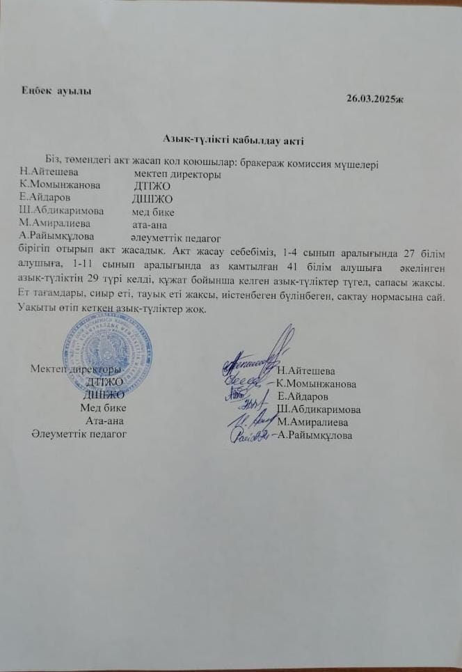Азық - түлікті қабылдау акті