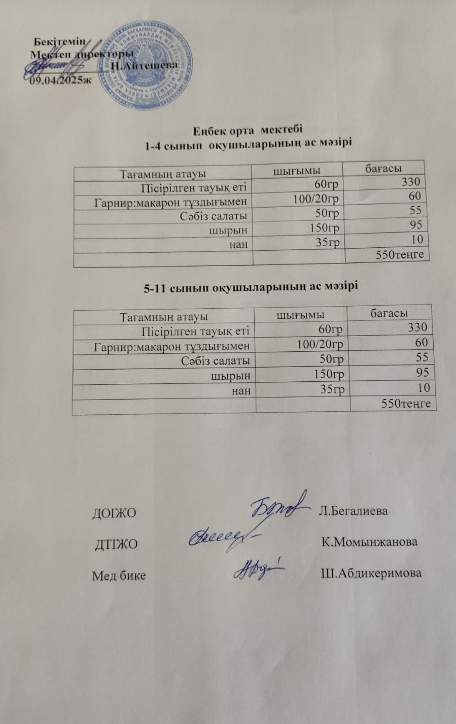 1-4 сынып оқушыларының ас мәзірі 5-11 сынып оқушыларының ас мәзірі