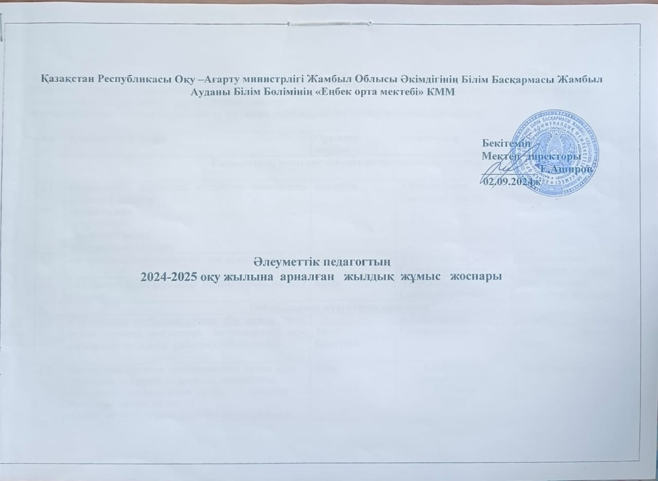 Әлеуметтіік педагогтың 2024-2025 оқужылына арналған жылдық жұмыс жоспары